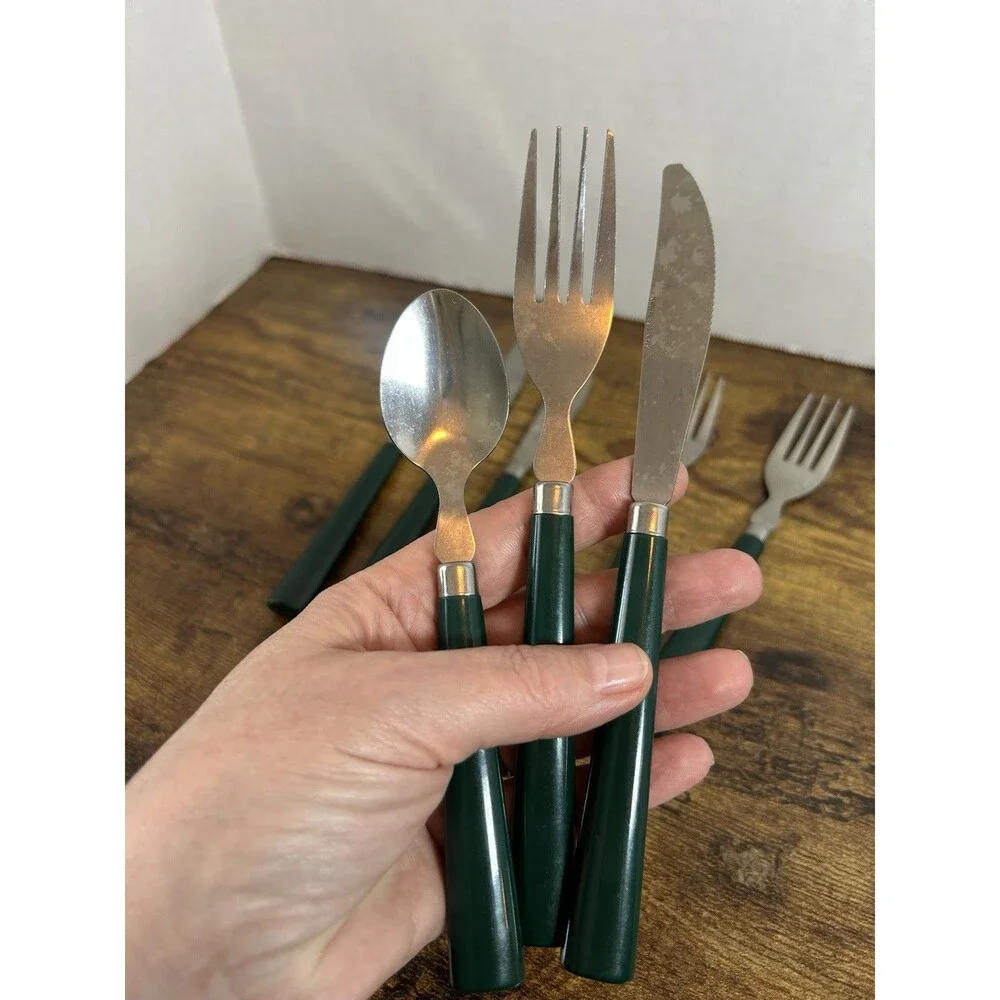 Vtg Flatware Set Green Handles Stainless Knives Forks Spoons Retro Taiwan 11pc